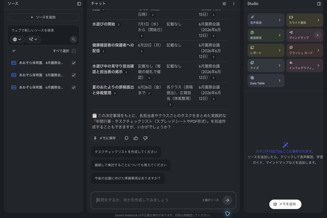 Gemini Notebookでソース、チャット、Studioの3つの場所が表示されている画面