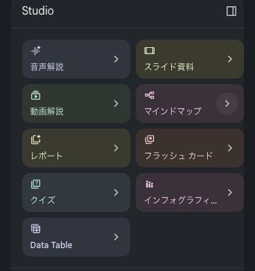 Gemini NotebookのStudioにある音声解説、インフォグラフィック、クイズの場所